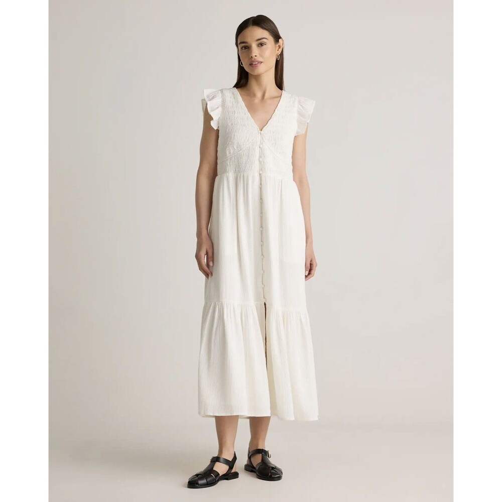 Quince Organic Cotton Smocked V-neck Midi Dress White S Boho Cottagecore Prairie